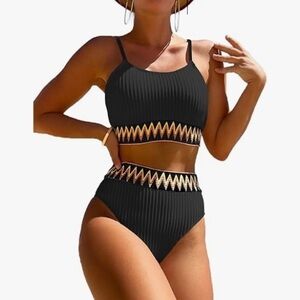 Women's High Waisted Swimsuit Two Piece Ribbed Bikini Sets Crop Top High Cut E33